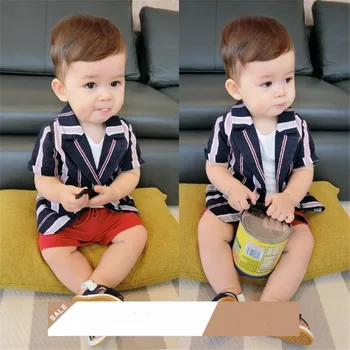 

Kimocat Summer baby boy clothes short-sleeved gentlemen's striped shirt with red shorts baby girl summer clothes