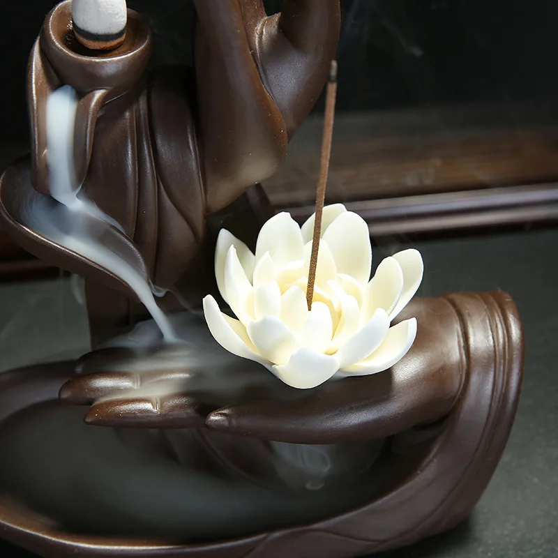 Керамическая элегантная Будда ручной горелка для благовоний в виде лотоса дзен домашний декор обратного потока благовония горелка с 20 шт благовоний конус