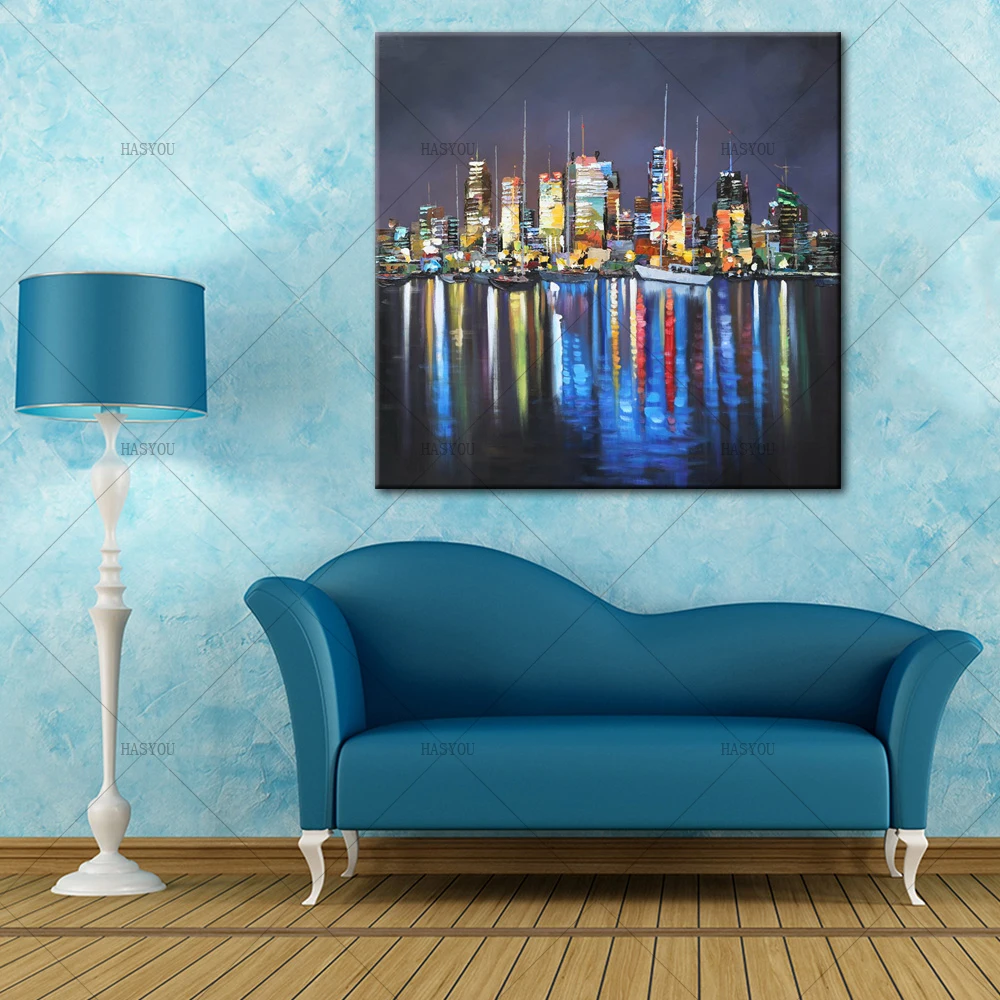 Unframed-Abstract-Landscape-New-York-City-Night-View-in-River-Oil-Painting-On-Canvas-Modern-Home