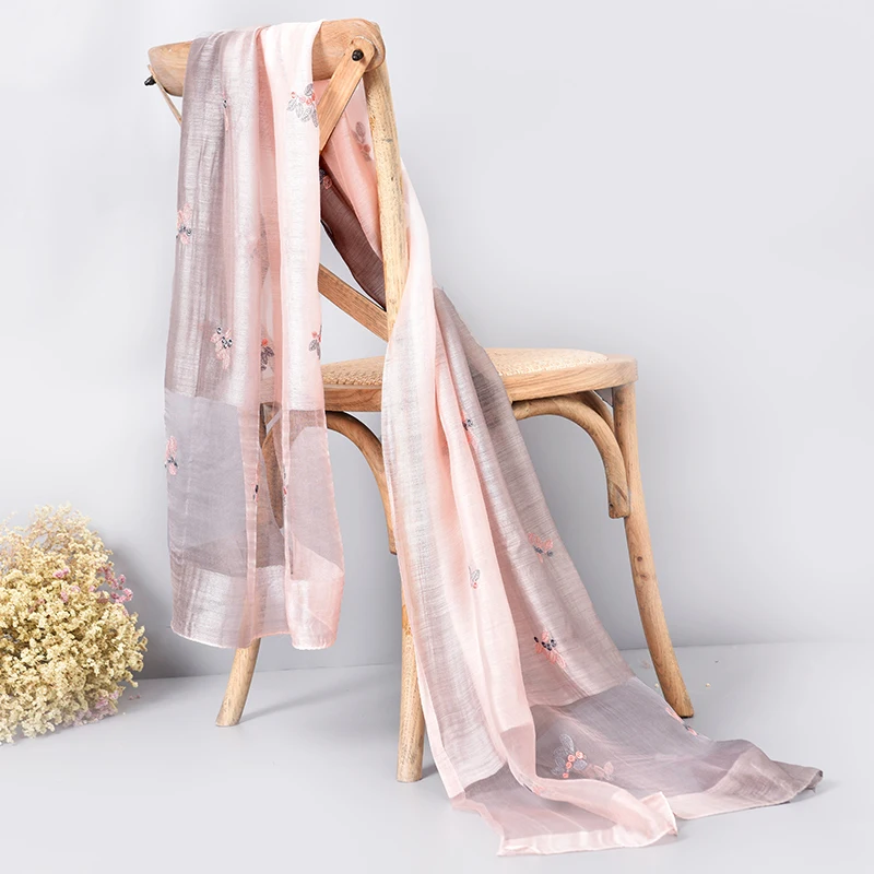 Silk Wool Scarf Women Luxury Brand Shawls and Wraps for Ladies Chiffon Hijab Neckerchief Stole Multifunction Embroidery Scarfs