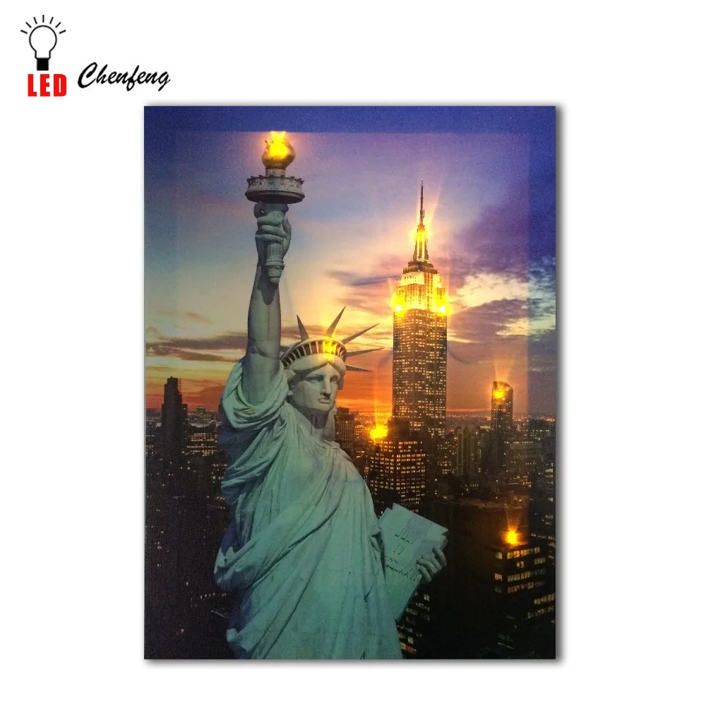 

Led wall picture New York with Statue Of Liberty night flicking canvas art light up decor painting artwork printed framed gift