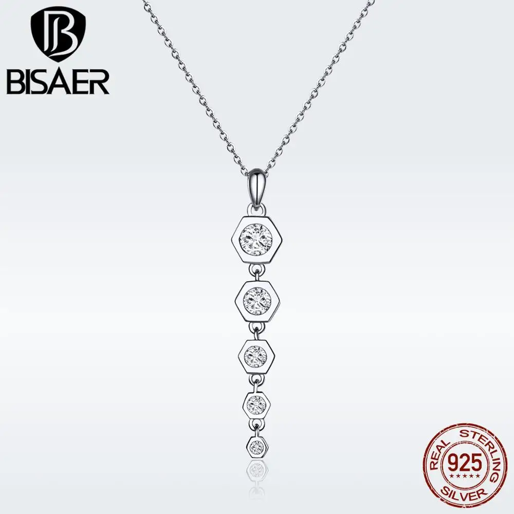 

BISAER NEW 925 Sterling Silver Five Star Dazzling Crystal Tassel Pendant Necklace Long Chain Link Fashion Jewelry Bijoux GAN052