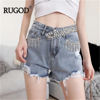

RUGOD Denim Shorts Women Hole High Solid Tassel Pearls 2019 New summer Trendy Slim Fashion Female Shorts