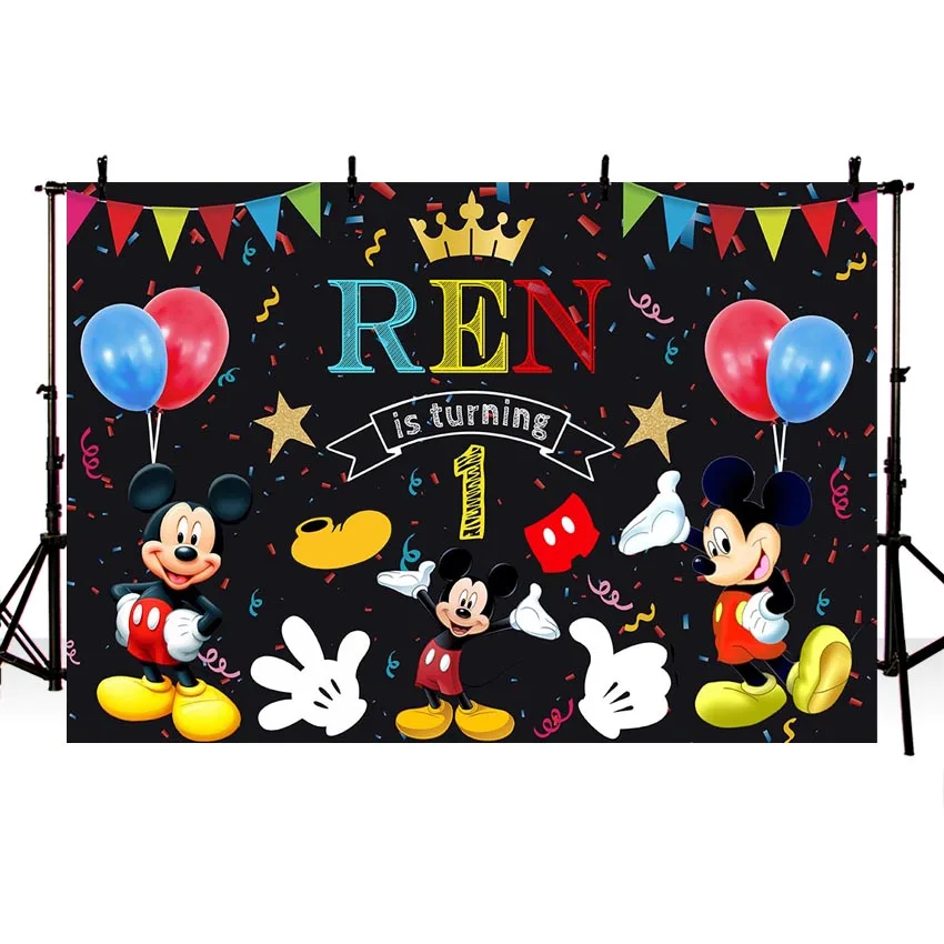 

Mickey Photography Backdrop Ballons Flags Ribbon Star Crown Boys Girls Happy Birthday Party Black Personlized Backgrounds 7x5FT