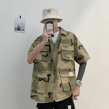 

2019 Summer Men's High-quality Work Clothes Camouflage Printing Short Sleeve Shirt Pocket Decoration Loose Fashion Green Shirts