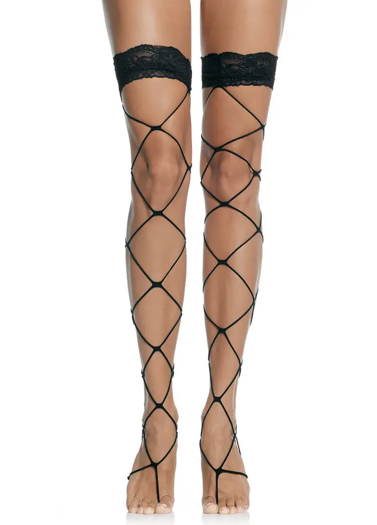 Sexy Lace Top Jumbo Fish Net Thigh High Stockings Nylon Fence Net Fishnet Hold Ups With Silicone