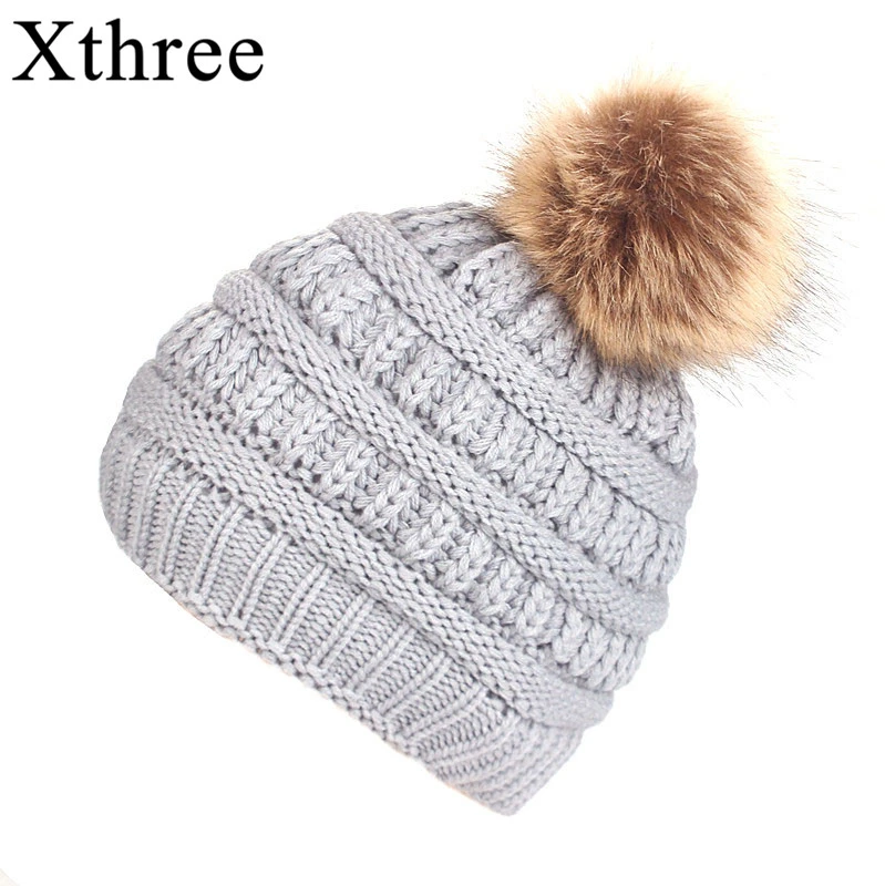 Xthree Hot sale polyester knitted beanie cap with faux fur pom pom winter hats for women outdoor pop ski cheap hat|Women's Skullies & Beanies| - AliExpress