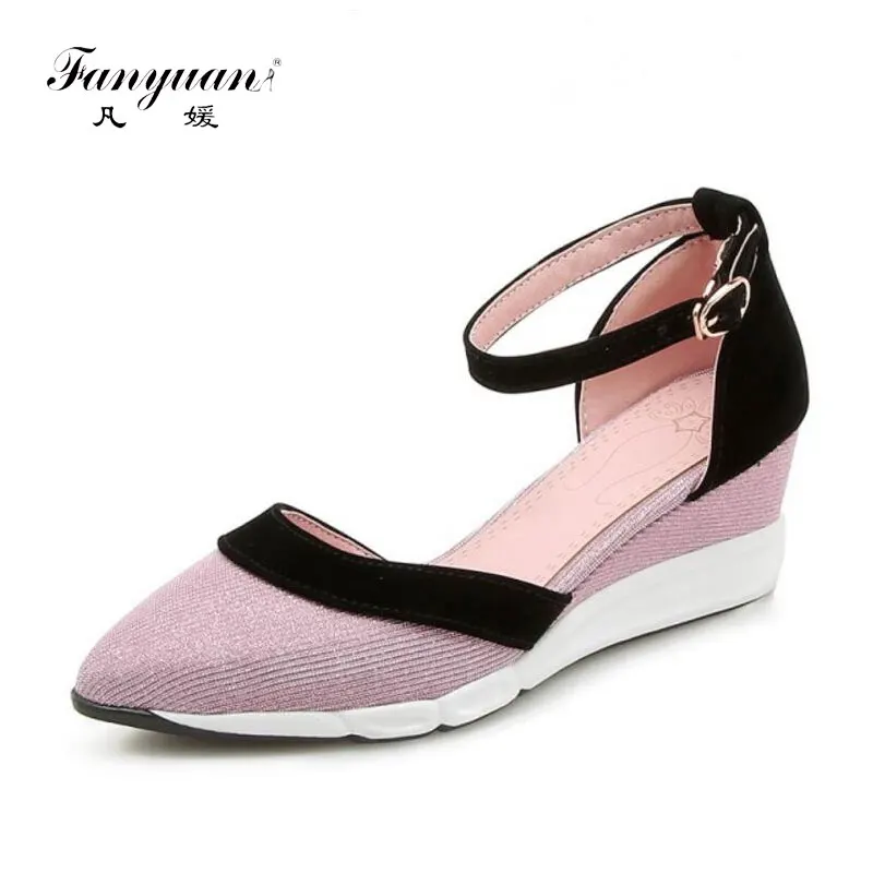 

fanyuan Waterproof Platform Gladiator pumps Anti-skid Rubber Soles Spring Simple Comfortable Buckle Wedge Sandals Single Shoes
