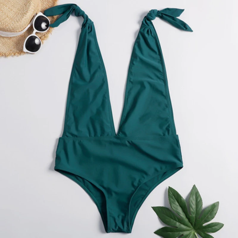 

2019 Solid Color Women Sexy Biquini Jumpsuit Beach Swimsuit Hollow Out Backless High Waist Swimsuit Bandage Bodysuits Beachwear