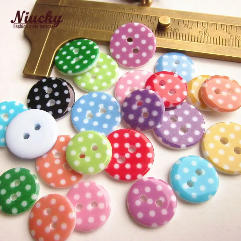 

Niucky 15mm / 12.5mm Mixed color Polka dot printing sewing buttons bulk Resin 2 holes high quality smooth R0101m-026