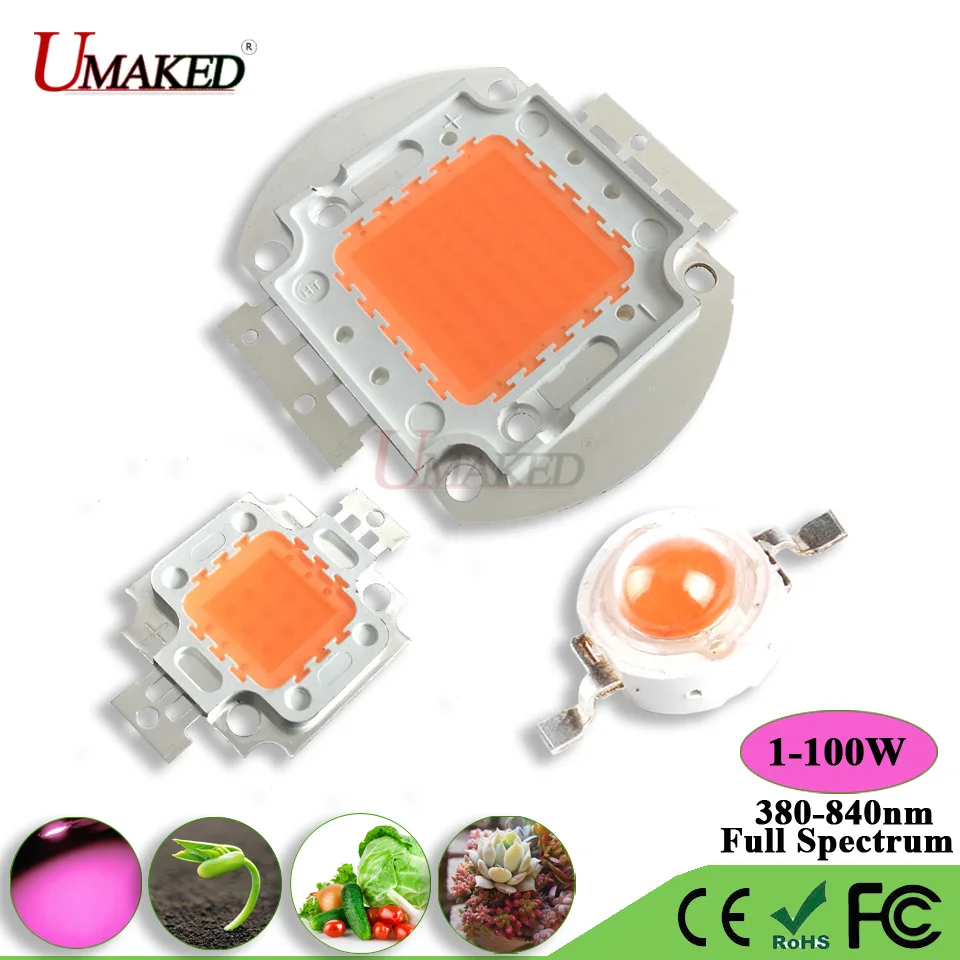 

UMAKED High Power Grow light LED Chip 1W 3W 5W 10W 20W 30W 50W 100 Full Spectrum380-840nm Aquarium/Plant Bulb Lamp SMD COB Diode