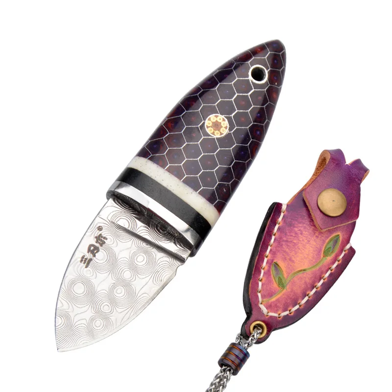 Sanrenmu S675 дамасский стальной шейный нож Походный режущий тактический коллекционный подарок фиолетовый сандаловое дерево мини EDC нож с фиксированным лезвием