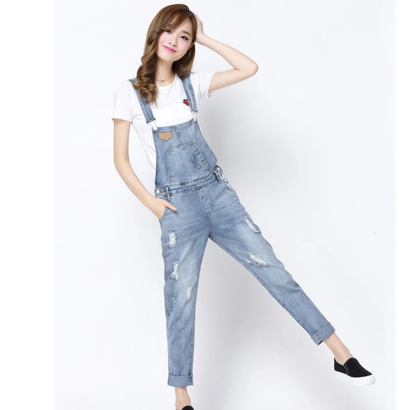 2016 Spring Autumn Casual Ripped Hole Loose Pants Ripped Pockets Jeans Overalls Washed Casual Hole Jumpsuits
