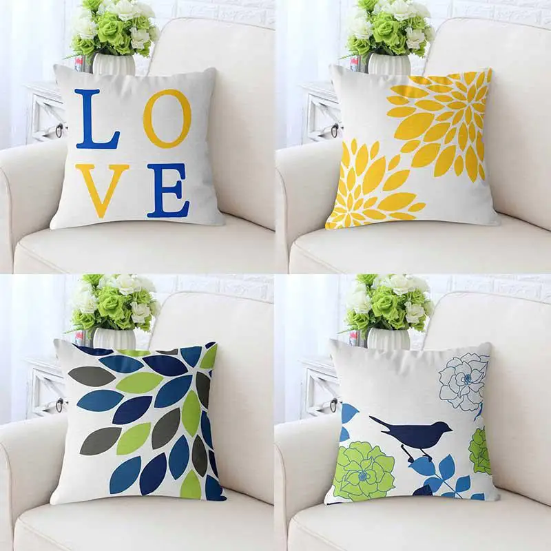 

Blue Yellow Cushion Cases Bouquet Petal Print Love Birds Flowers Cushion Covers For Home Living Room Decoration Ornaments