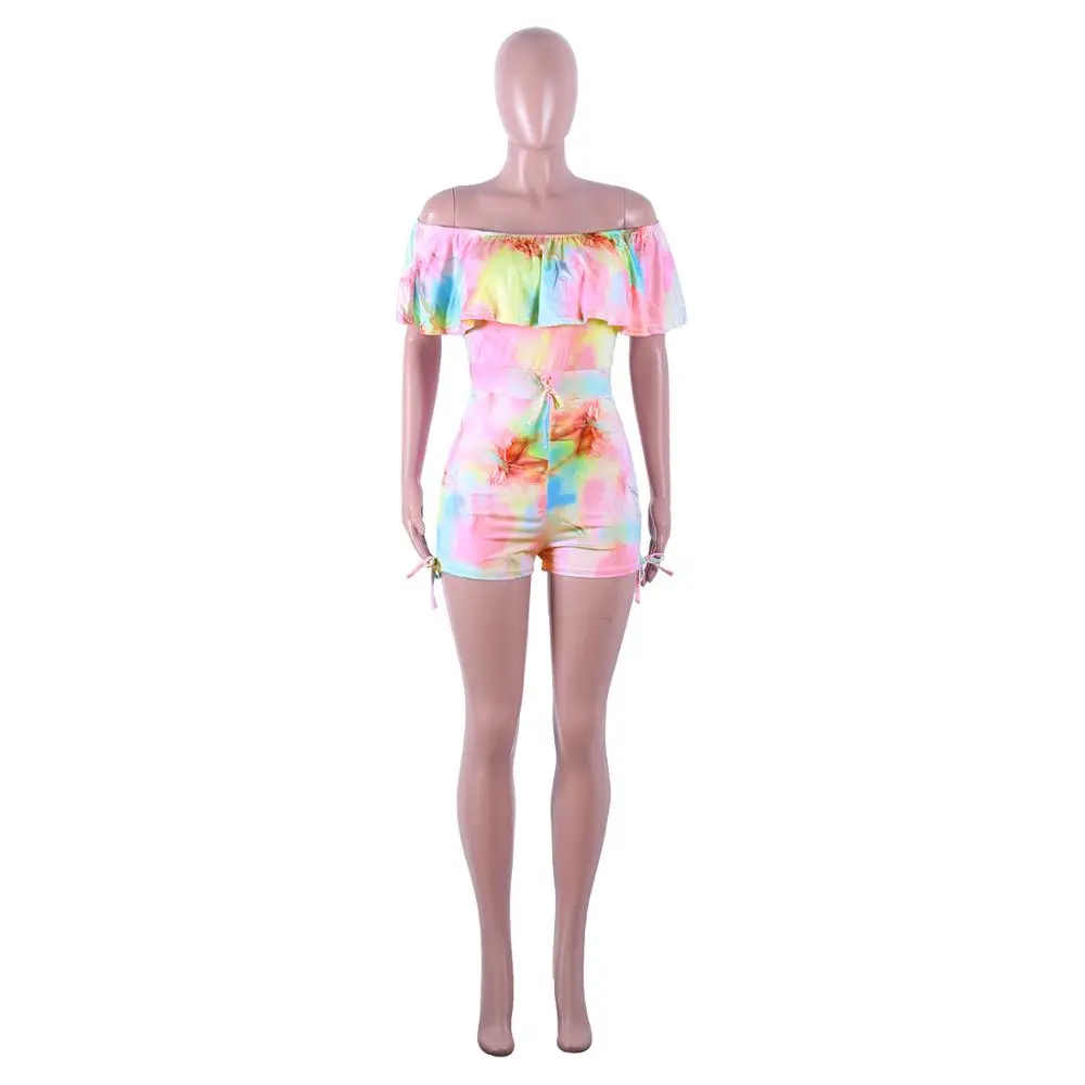 Элегантный с открытыми плечами Tie Dye костюмы для игры с принтом повседневное оборками кружево до бинты Bodycon комплект с шортами пикантные узкие комбинезоны для