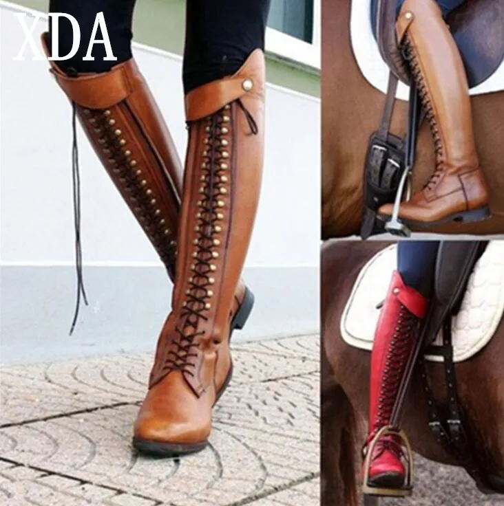 

XDA 2019 ladies chaussure women knee high motorcycle boots lace up Martin boots woman gladiator zapatos mujer sapato booties