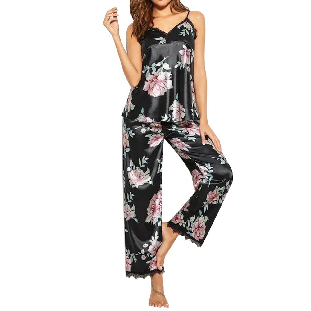 

Women Floral Summer Loose Pajamas Set V Neck Lounge Wear Sleeveless Tops Pants Fashion Sexy Polyester Nightwear Casual Camisole