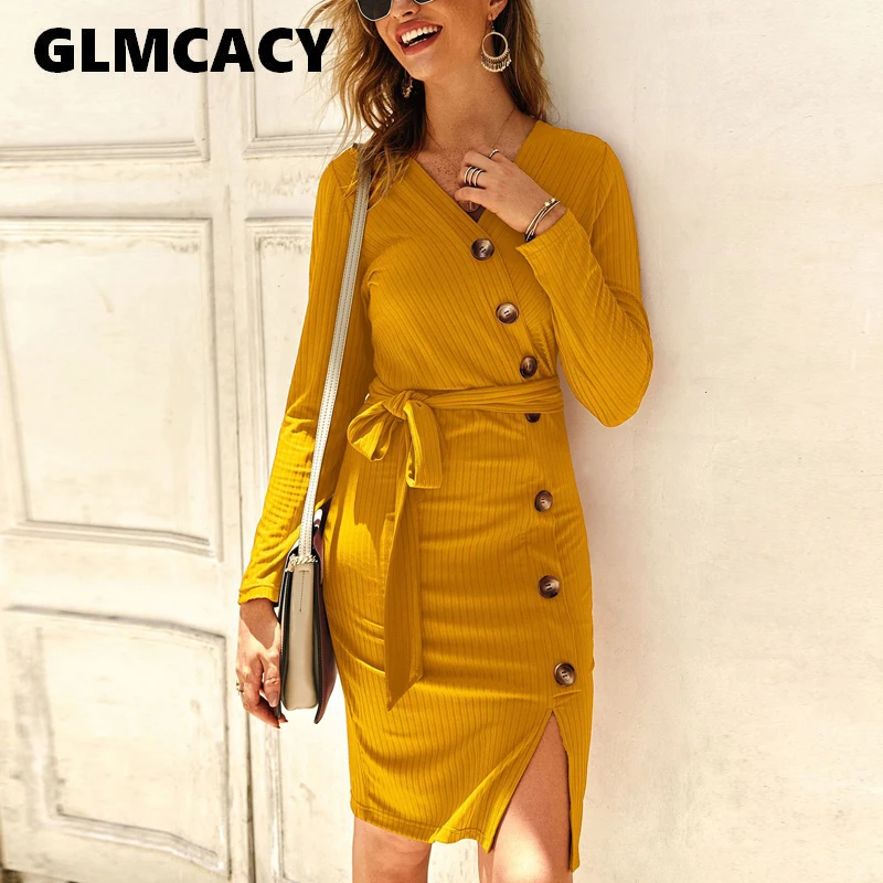 

Women Long Sleeve V Neck Diagonal Button Midi Dress Autumn Winter Knitted Dress Elegant OL Workwear Streetwear Bodycon Vestidos