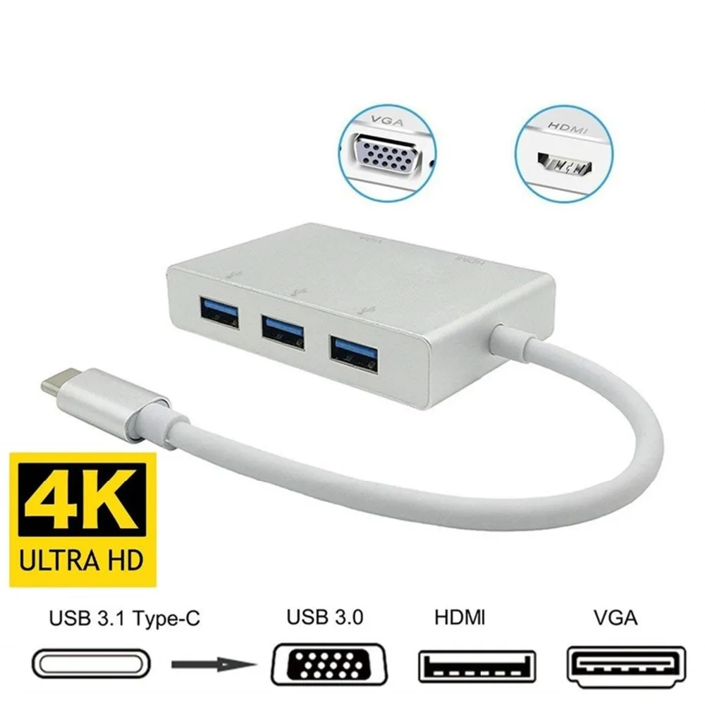 Кабель-Переходник USB C на HDMI VGA USB 3,0 концентратор Тип C адаптер HDMI VGA с 3 портами (стандарт 3,0 Порты и разъёмы для нового Macbook/samsung s8 плюс lenovo ThinkPad P5