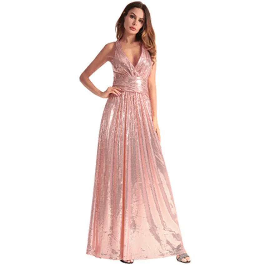 

Sexy Women's Floor Length Sequined Party Dress Red Sexy Backless European Clothing Vestidos Largos De Verano Casual