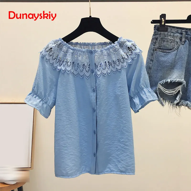 

Slash Neck Chiffon Lace Blouse Shirt Female Flare Short-sleeved 2019 Summer Loose Sweet Hollow Out Floral Lace Tops Shirt 4XL