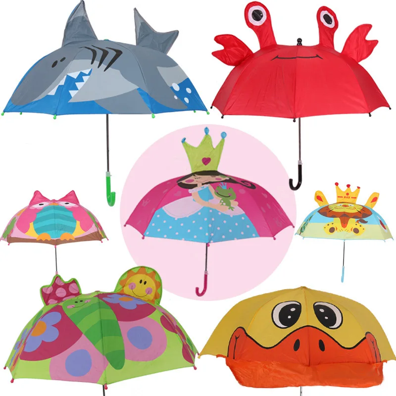 Goedkoop Kinderen cartoon lange handvat regen paraplu 3D dieren print leuke paraplu voor jongen meisje zon bescherming kind gereedschap YS050