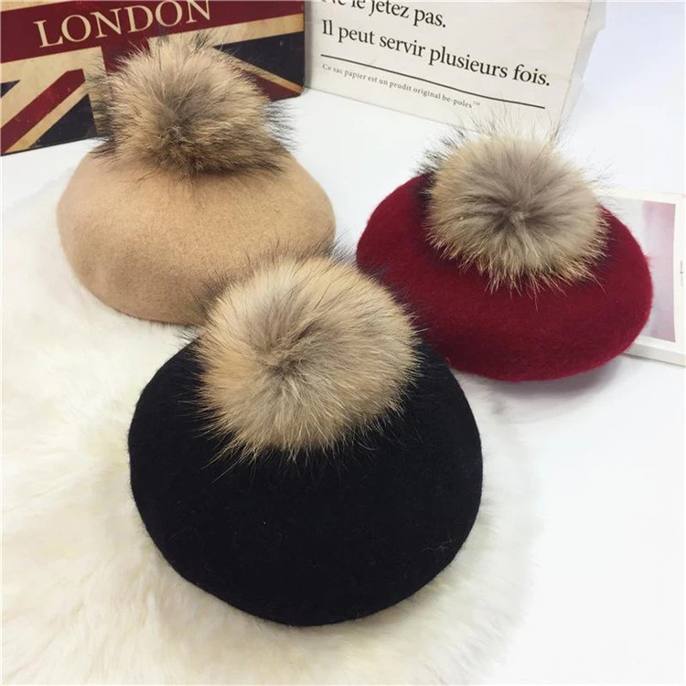 2018 Hat Female Autumn And Winter New Woolen Beret Raccoon Hair Ball Painter Hat Wild Fashion Cap For Women ACI102 (2)