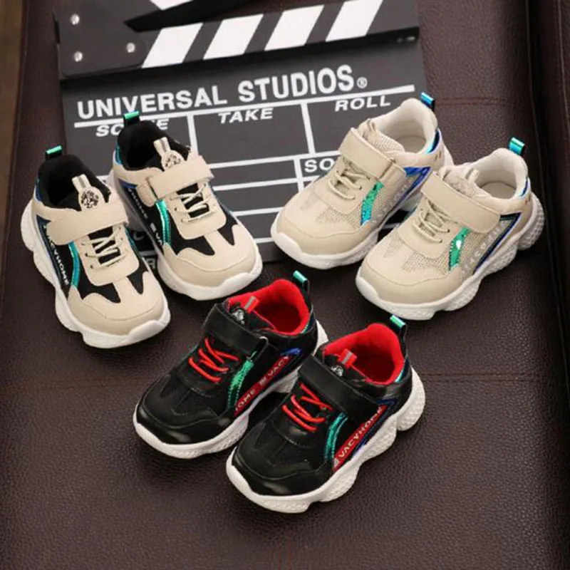 

Children Sports Running Flats Shoes Leather Air Mesh Patchwork Breathable Soft Bottom Hook Loop Single Shoes Portable Non-slip
