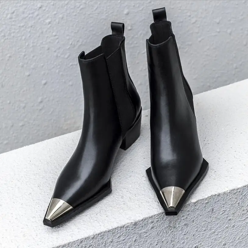 

European style women New cow Leather with Metal Toe Medium heel Ribbon Handmade ankle boots female square heel pointed toe boot