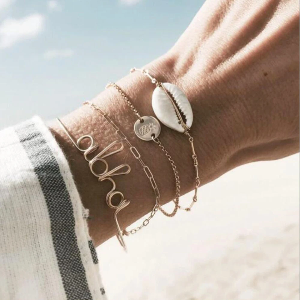 

4 Pcs Classic Metal Ball Love Letter Open Bracelet Set Multilayer Adjustable Shell Pineapple Charm Bangle Bracelets for Women
