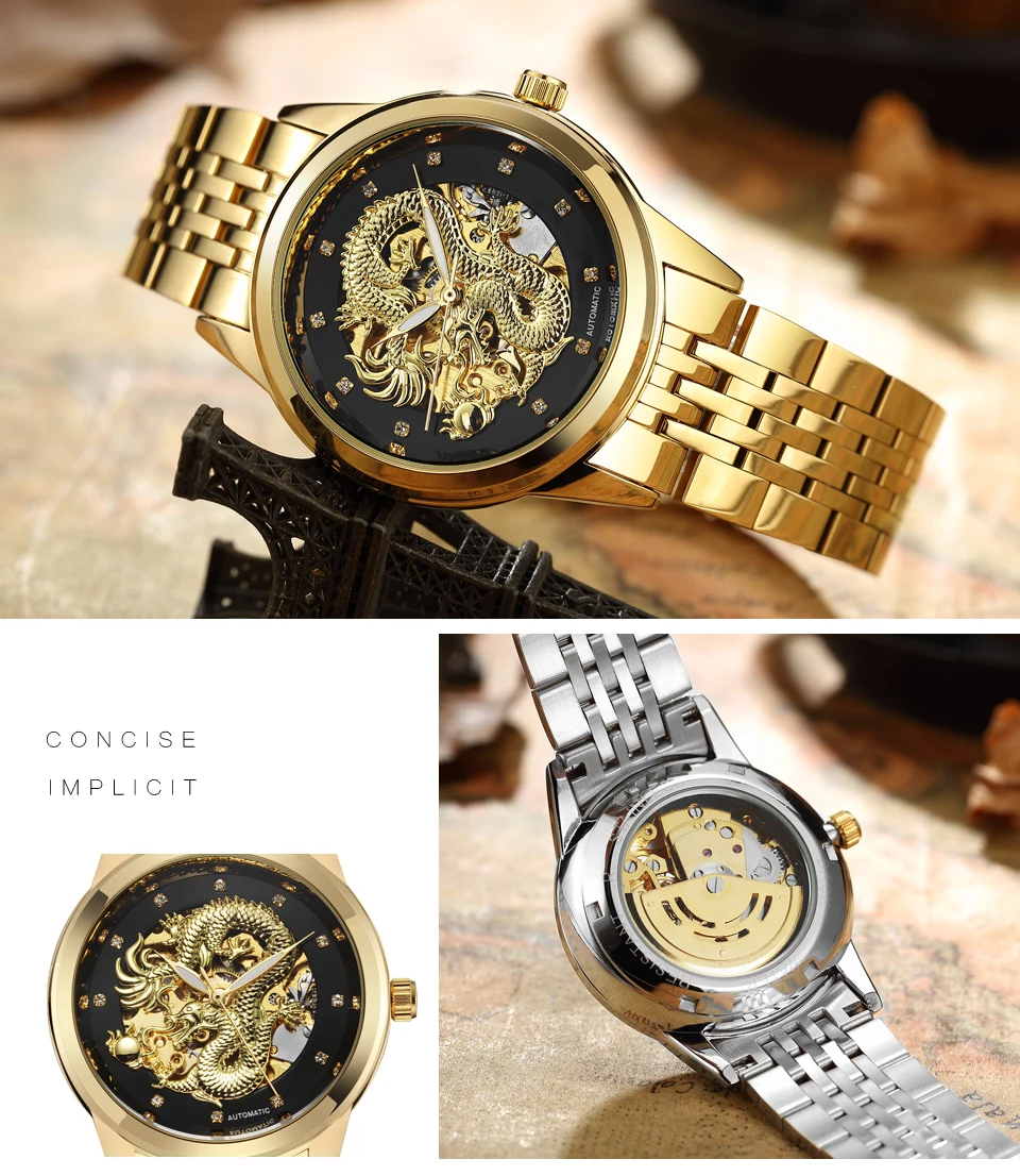 Роскошные светящиеся часы с изображением дракона, автоматические механические часы для мужчин, наручные часы, стальные золотые черные часы, водонепроницаемые мужские часы