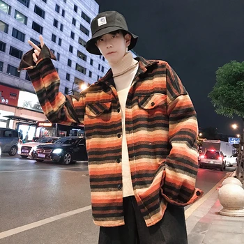 

Autumn Men's New Youth Long-sleeved Loose Popular Wild Personality Fashion Casual Temperament Cotton Striped Lapel Shirt