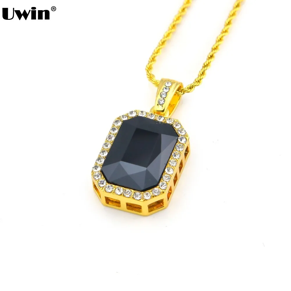 

Iced Out Gold Color Black Rhinestone Octagon Pendant with 24 Rope Chain 2016 Newest Best Quality Hiphop Necklace For Men