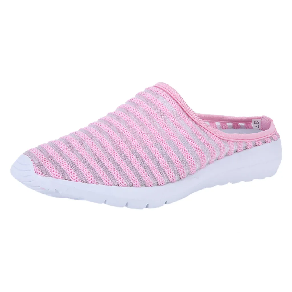 

Curve Pointed Toe Striped Slippers For Women Fashion Ladies Breathable Flat Bottom Non-slip Half Drag Casual Shoes Sneakers
