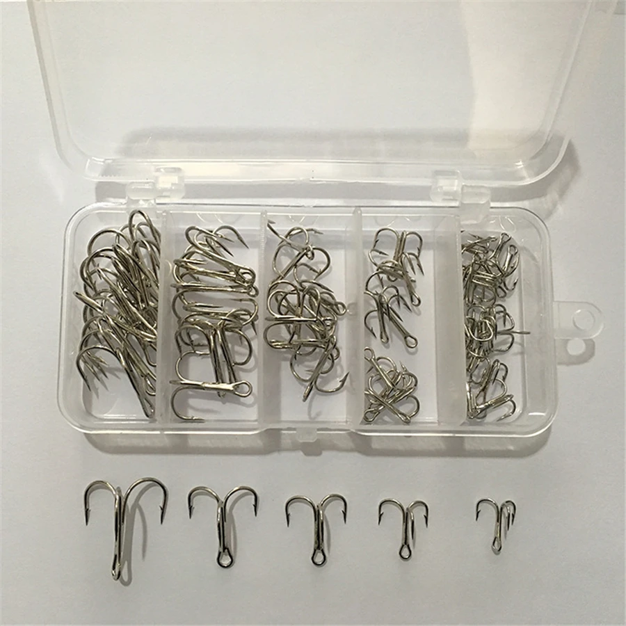 

51 pieces treble hooks box set white nickel high carbon steel with barbed hooks outdoor fishhooks fishing tackle box