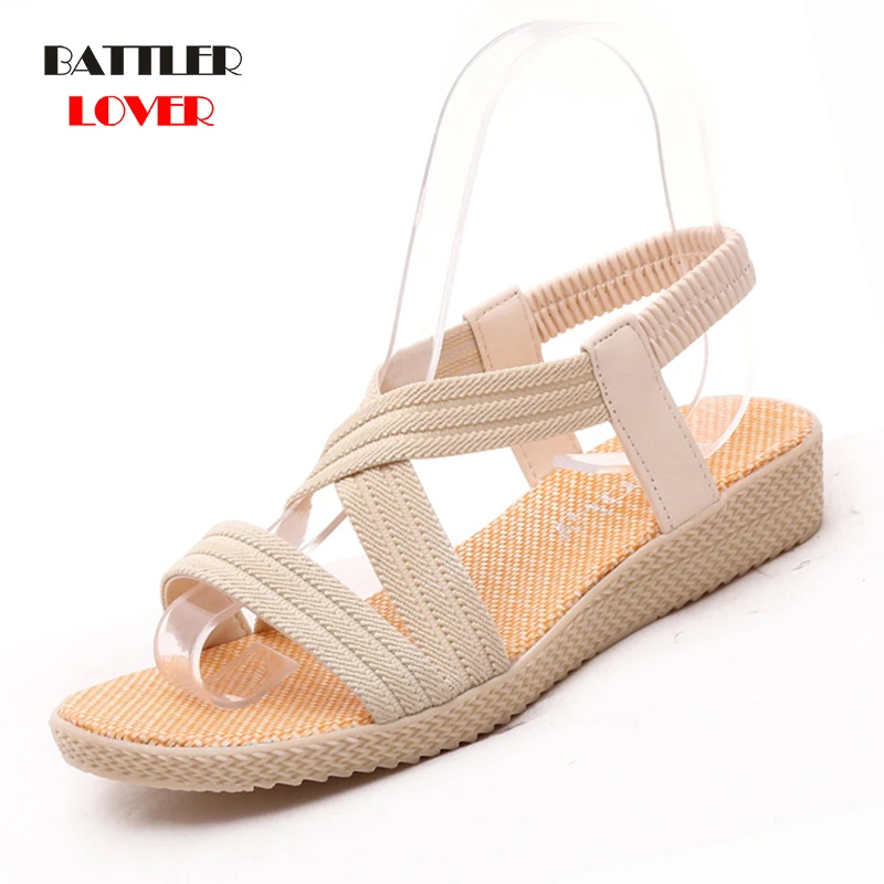 

2019 Casual Sandals Women Summer Wedges Open Toe Rubber Sole Soft Strip PU Womens Sandals Low Heel Sandal Femme Mujer Rome Shoes