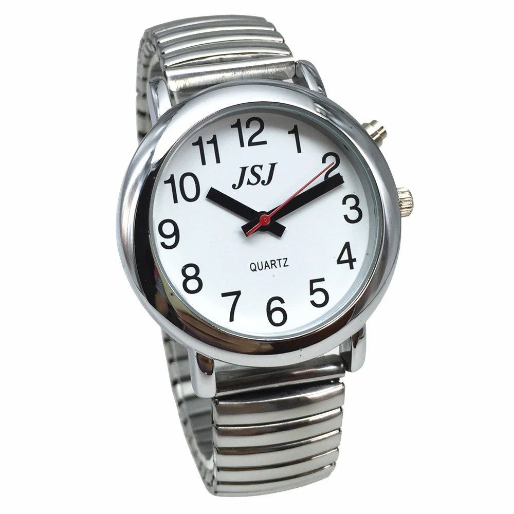 English Talking Watch with Alarm Expanding Bracelet, Silver Color, White  Face talking date and time