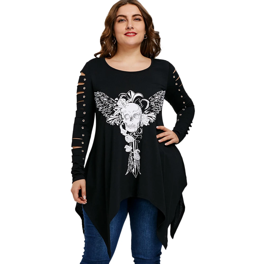 

Wipalo Women Fashion Casual Tops Plus Size 5XL Skull Shredding T-Shirt Female Wings Print T-Shirts Long Sleeves Woman Clothes
