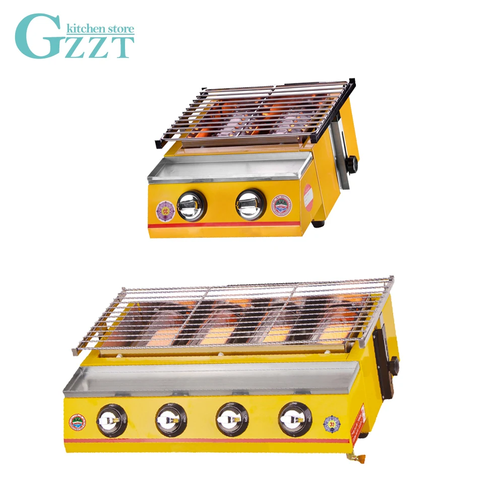 GZZT BBQ Grill LPG Gas 2/4 Burners Yellow Glass Shield Adjustable Barbecue Portatif Barbecue Grill for Outdoor Preferential