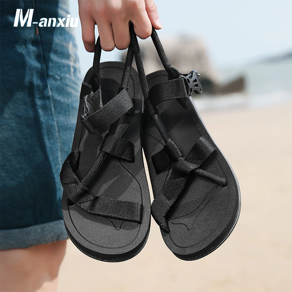 

2018 Summer Men Ankle Strap Buckle Rubber Sole Antiskid Flat Solid Color Cross Tied Sandal M-anxiu Casual Leisure Beach Sandal
