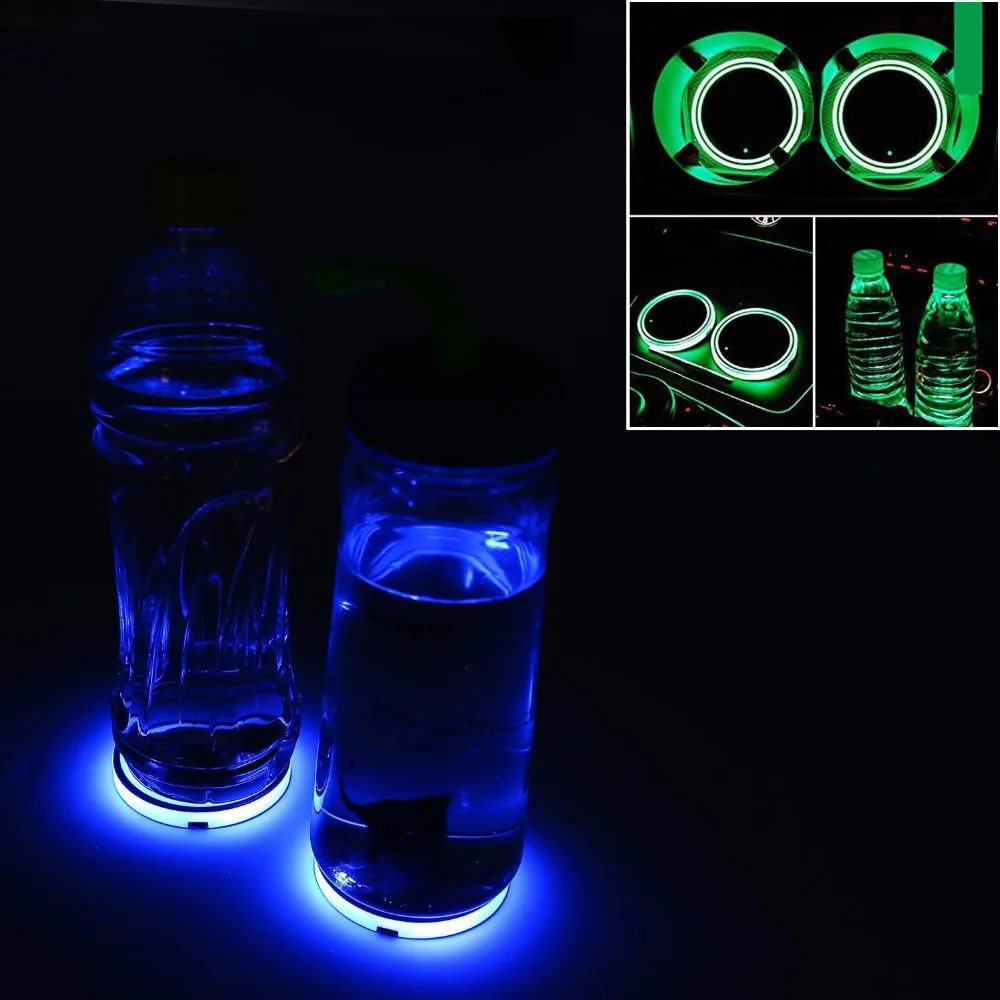 2Pcs Universal LED Light Car Cup Holder Bottle Bottom Pad Cup Mat LED Light Cover Trim Atmosphere Lamp Lights for Car Interior