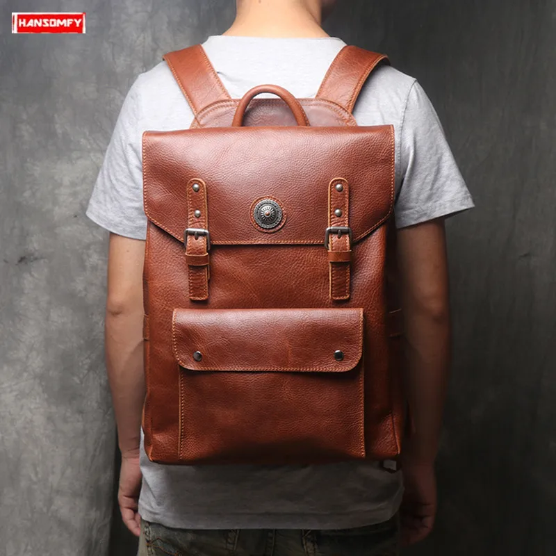 

2019 New genuine leather men backpack simple business 15.6 inch laptop backpacks large capacity computer bag leisure travel bags