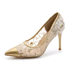 Ladies Pumps Thin High-heel Air Mesh Sexy Lace Shoes Women Cut-outs Breathable Leisure Sapato Feminino Fashion Lace Shoes