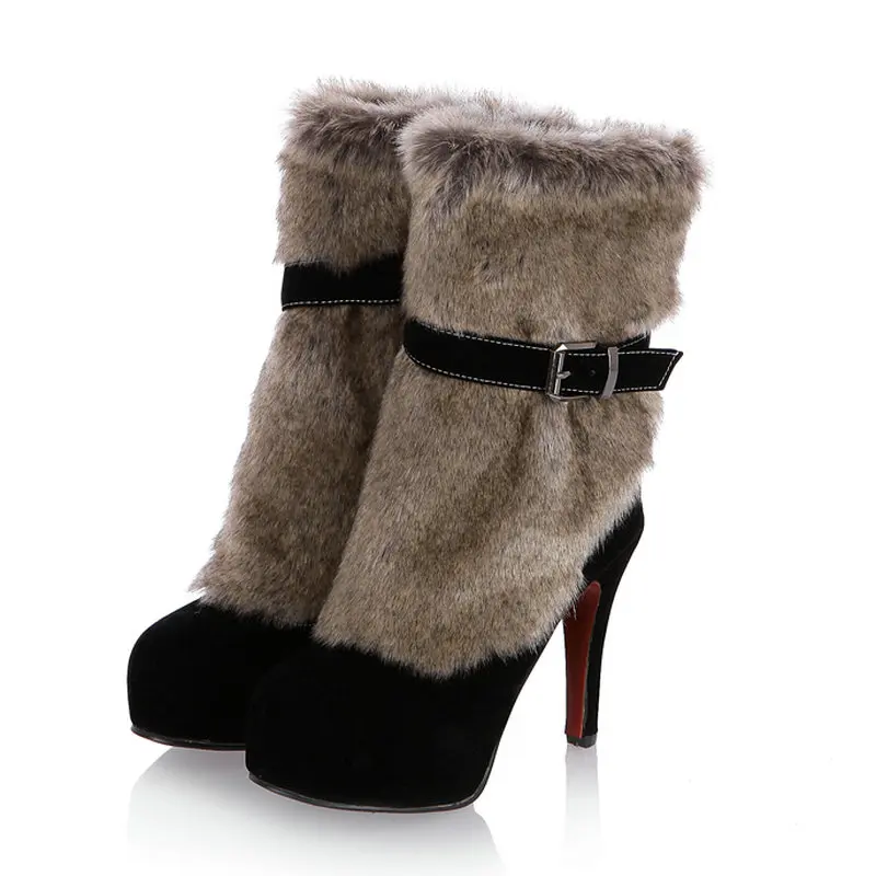 

B2-7 Size 33-43 Female Flock Faux Fur Ankle Boots Ladies Zips Platform Boot Women Fashion Winter Shoes Woman High Heels Shoe