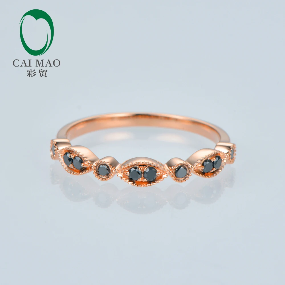 Caimao 14KT Rose Gold 0.15ct Natural Black Diamond Milgrain Design Engagement Wedding Band for Womens