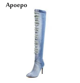 

New 2018 Spring Fashion Ripped Jeans Boots Sexy Pointed Toe Distress Denim High Heel Boots Over the knee woman boots
