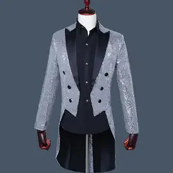 Пользовательские Белый Фрак серый синий Для мужчин классический костюм Блесток мужской пиджак мужской костюм этап выступлений смокинг