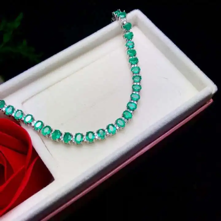

S925 silver natural green emerald bracelet natural gemstone bracelet Luxurious Classic round women girl party gift fine jewelry