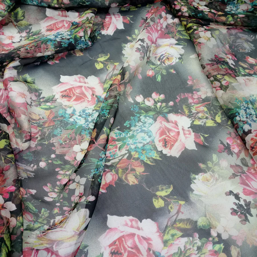 

Dress Fabric Rose Printed Material DIY 50D Tissue Qualified Fabric For scarf Cloth Material 1 Meter