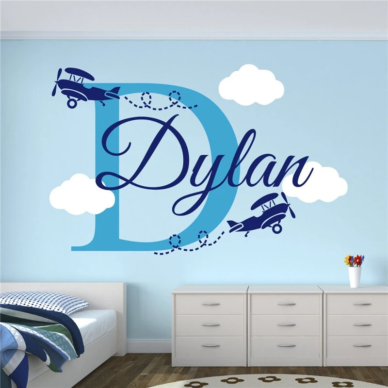 

High Quality Custom Boys Name Wall Stickers Airplanes With Clouds Cute Kids Wall Mural Custom Name Nursery Bedroom Decor ZW365